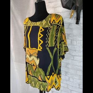 Vintage Short Sleeve Green/Yellow/Black Print Top Size 1X